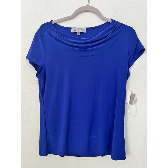 Kasper Cowl Neck Blouse Top Short Sleeve Royal Blue Stretch MEDIUM NEW - Picture 8 of 10